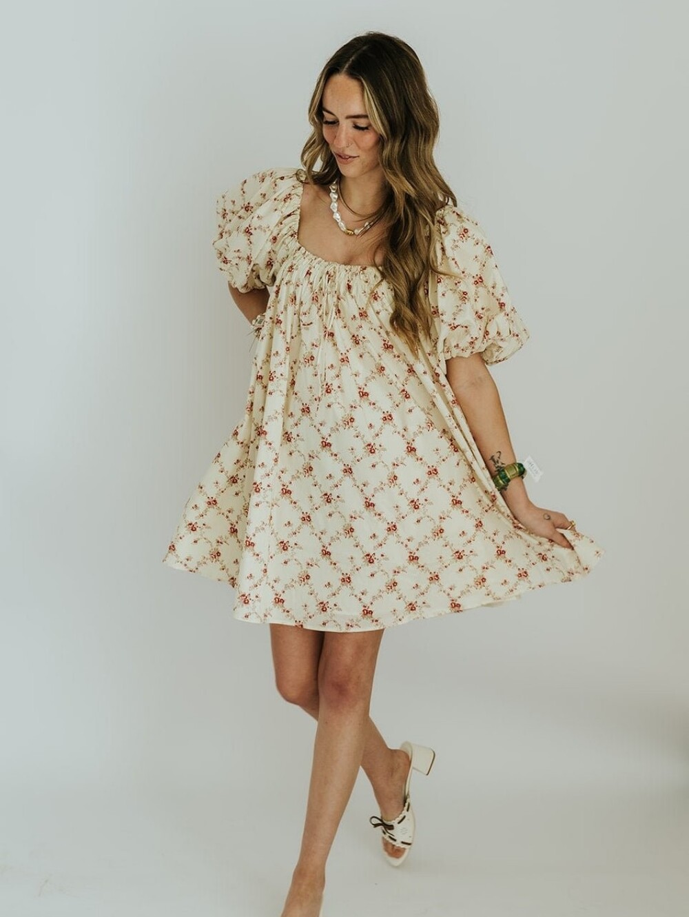 100% Cotton Women's Cream Floral Puff-Sleeve Dress